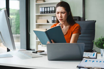 Business woman talking on the phone arguing laptop computer problems highlighting customer dissatisfaction.