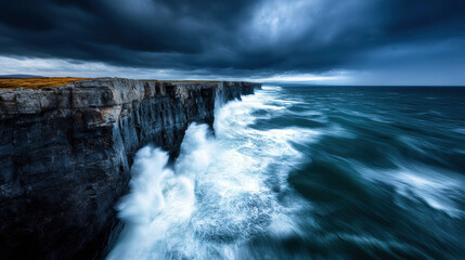 Fototapeta premium A large body of water with a stormy sky above it. The waves are crashing against the shore, creating a powerful and dramatic scene. Scene is intense and awe-inspiring