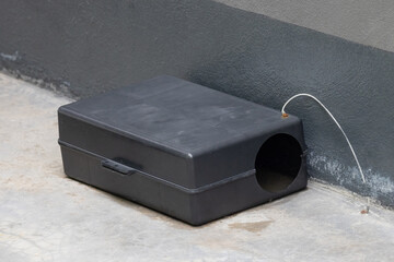 A black plastic rat trap on concrete floor. bait poison box for rat.
