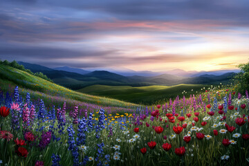 Obraz premium A beautiful field of flowers with a bright blue sky in the background. The flowers are in full bloom and the sun is setting, creating a warm and peaceful atmosphere