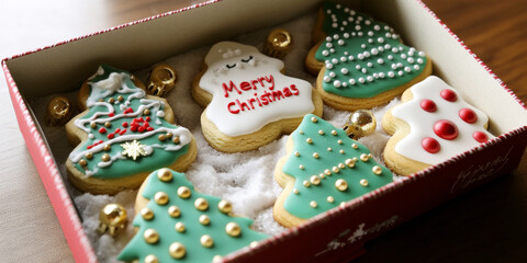 Fototapeta premium Christmas Tree Cookies in a Box: A delightful assortment of homemade Christmas cookies, decorated with festive frosting and sprinkles. Perfect for holiday gifts, parties, and celebrations. 