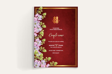 WEDDING INVITATION FRAME WITH FLOWER DECORATIONS AND FRESH LEAVES