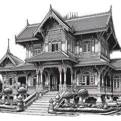 Fototapeta premium Black and white drawing of a historical building for children's coloring book.