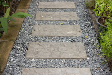 A path made of stones and gravel with a few plants growing on the side