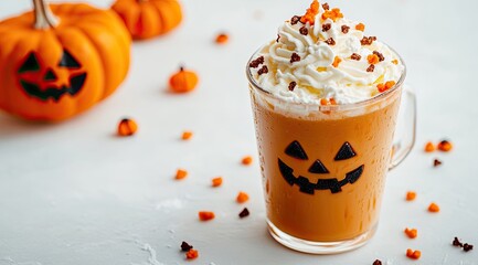  Halloween  pumpkin spice latte in a clear plastic cup. The drink is topped with a generous swirl of whipped cream, decorated with orange star-shaped sprinkles. The cup has a Jack-o'-lant face