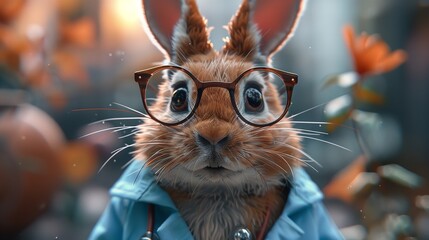 A close-up shot of a brown rabbit wearing glasses, looking directly at the camera.