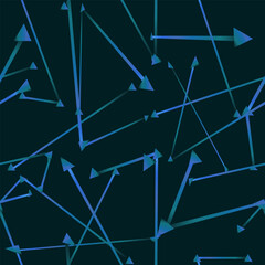 Seamless pattern with blue triangles and arrows on a dark background. Vector illustration. For decorating your illustrations, interiors and scenes in an abstract style.