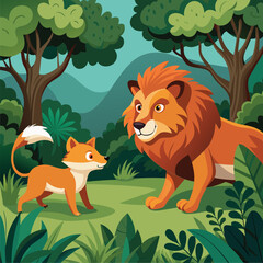 fox and lion in the forest