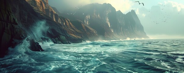 Majestic cliffside with ocean waves, 4K hyperrealistic photo