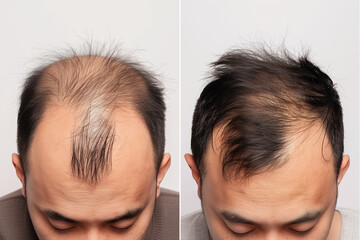 Transformation journey of a man before and after hair restoration procedure in a clinical setting