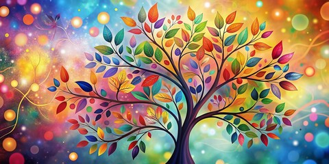 Fototapeta premium Vibrant floral tree with multicolored leaves on delicate hanging branches set against a whimsical abstract background, perfect for a colorful and playful wallpaper design.