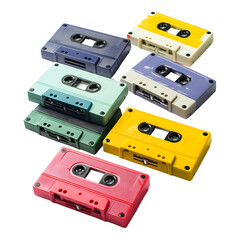 Fototapeta premium Different colored recordable music cassettes on transparent background