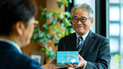オフィスで記念品のギフト箱を受け取る日本人ビジネスマン