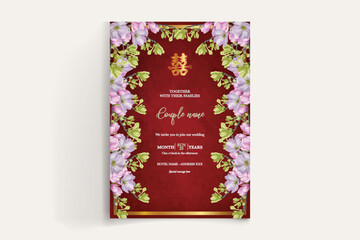 WEDDING INVITATION FRAME WITH FLOWER DECORATIONS AND FRESH LEAVES