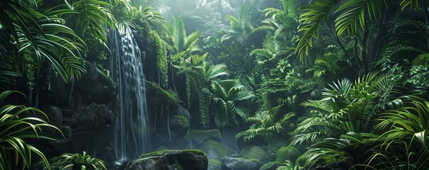 Obraz premium Lush rainforest canopy with a hidden waterfall cascading down the rocks, 4K hyperrealistic photo