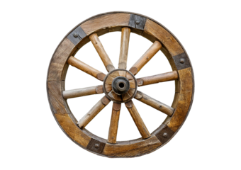 Old wooden cartwheel isolated on a transparent or white background.