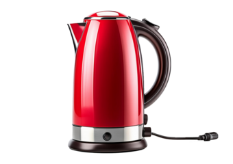 Red electric kettle isolated on a transparent or white background.