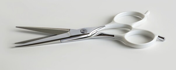 Isolated white scissors on white background, 4K hyperrealistic photo