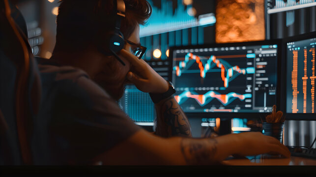 Trader analyzing complex data using automated algorithm for efficient and strategic trading decisions.