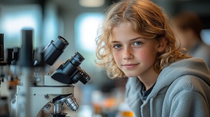 Student Engaged in Microscopy Research During Science Lab Session in Modern Classroom Environment