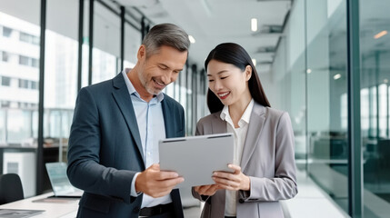 A professional office setting with an Asian woman and Caucasian man, both smiling as they gaze at a tablet held by one of them. 