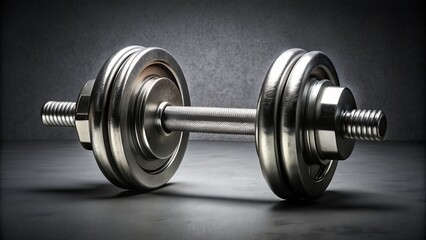Obraz premium Isolated dumbbell on a clean gray background, highlighting the textured grip and metallic tones, perfect for fitness and bodybuilding themed designs and compositions.