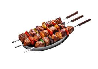 Skewers with shashlik on a grill isolated over on transparent white background