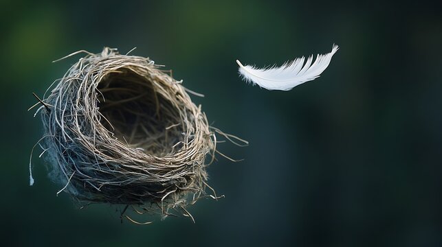Solitude in flight: A single feather gracefully descends from an abandoned nest, symbolizing the empty nest syndrome concept.