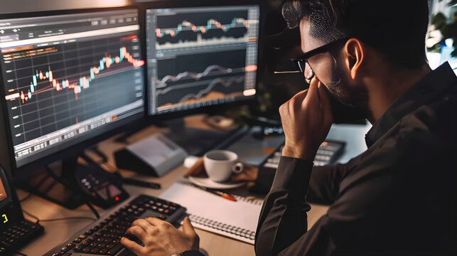 Trader carefully studying trades in a journal with pen in hand, surrounded by trading charts.