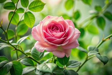 Delicate pink rose blooms surrounded by lush green leaves and stems, beautifully framed within a crisp white background, showcasing nature's elegant simplicity.