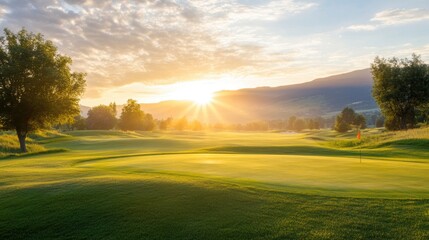 Naklejka premium Golden sunlight spreads across the golf course, highlighting rolling greens and peaceful surroundings