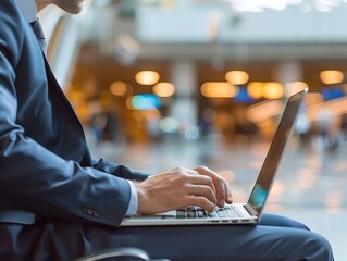 Businessman Working on Laptop at Airport Terminal