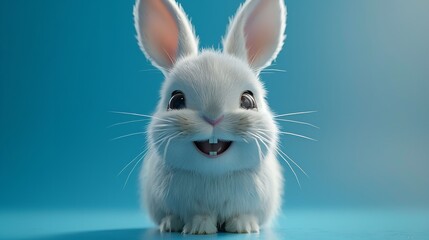 Portrait of happy rabbit with opened mouth on Isolated blue background.