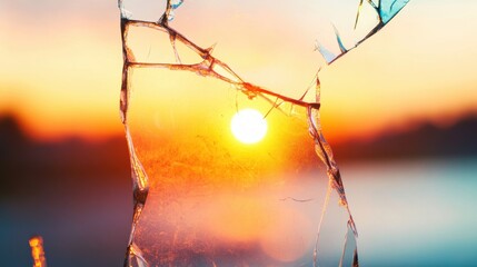A warm sunset glows through fragmented glass, casting light on tranquil waters in the distance