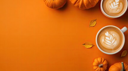 Two cups of coffee with latte art surrounded by small pumpkins and yellow leaves set against a vibrant orange background