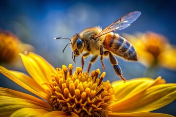 Vibrant yellow flower serves as backdrop for busy bee in mid-air, its fuzzy body laden with golden pollen, as it takes to the sky in flight.