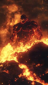 The Fire Giant: A colossal, fiery figure rises from a molten inferno, its glowing form a testament to the destructive power of nature. The image evokes feelings of awe and dread, as the giant's fiery 