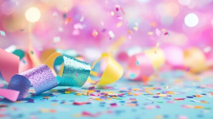 Bright streamers and vibrant confetti scattered on a table create a joyful and festive celebration