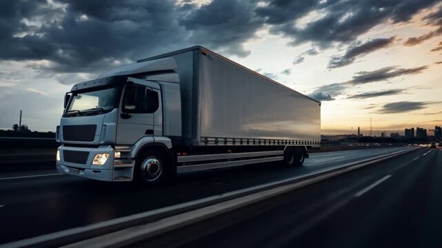  White cargo truck with cargo trailer is driving on the highway. white truck running on the highway
