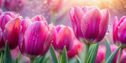 Vibrant pink tulips adorned with dew drops against a soft focus background, creating a stunning, serene, and delicate floral wallpaper perfect for visual designs.