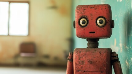 Fototapeta premium A vintage robot stands in an AI classroom designed for learning and collaboration