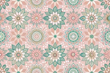 Delicate geometric floral patterns in pastel hues dance across a soft pink background, evoking modernity and sophistication, perfect for design and architectural studio applications.