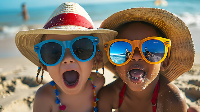 Two siblings making silly faces while wearing oversized sunglasses and hats at the beach.