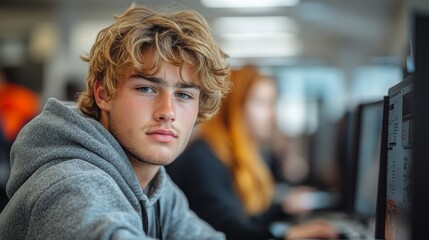 Student Engaged in Focused Computer Work in School's Technology Lab During Daytime Hours