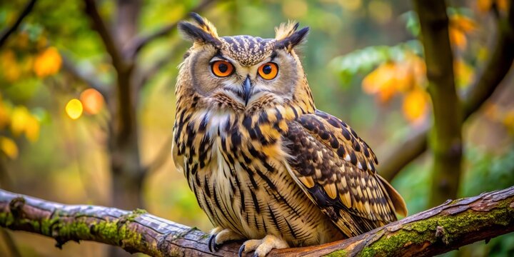 Majestic Eurasian eagle-owl perches on branch, piercing yellow eyes gleaming, soft feathers ruffled, in tranquil Central Park surroundings, weeks after exhibit vandalism.