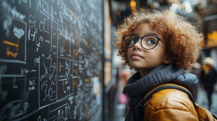 Student Engaged in Writing Math Equations on Chalkboard in Busy Learning Environment