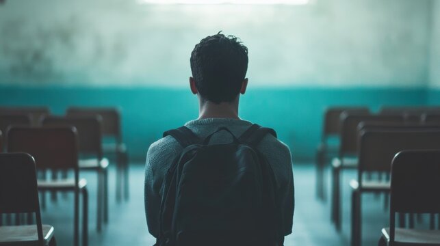 A student sits quietly at a desk in an empty classroom, looking contemplative