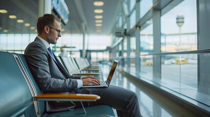 Businessman Working on Laptop at Airport Terminal with Clear Space