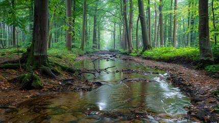 A tranquil forest scene with a serene stream flowing through dense, lush green woods, displaying the beauty of nature untouched by human activity.
