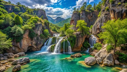 Naklejka premium Majestic Sapadere canyon, surrounded by lush greenery, showcases cascading waterfalls amidst the rugged Taurus mountains, evoking serenity near Alanya, Turkey's ancient landscape.